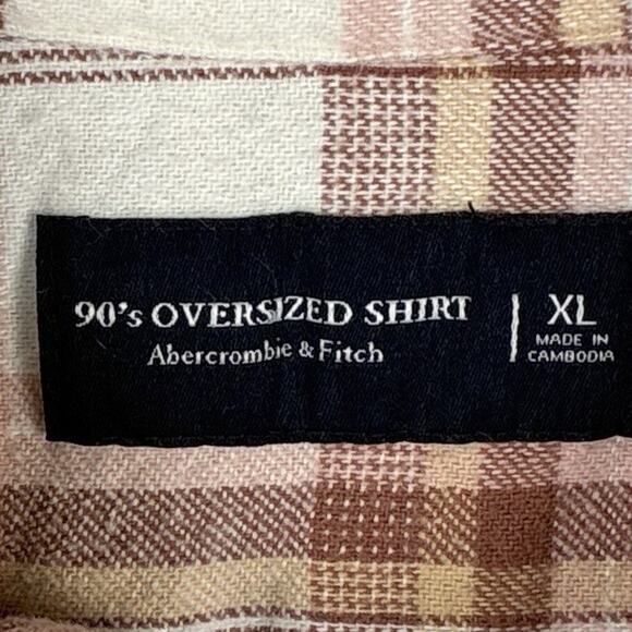 VTG Abercrombie & Fitch 90s Oversized Flannel Shirt Men XL Cream Pink Plaid Y2K - Picture 7 of 8